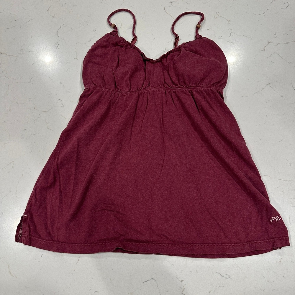 American Eagle Babydoll Cami Top Burgundy Built-in Bra Womens Small Y2k Spaghett